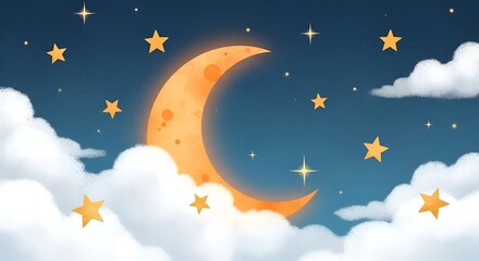 Naklejka premium Whimsical Crescent Moon and Stars Vector Illustration for Kids Bedtime Stories and Dreamy Night Sky Backgrounds