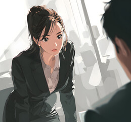 Professional young Japanese businesswoman leaning forward during an intense office meeting or focused discussion, anime style digital illustration