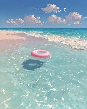Pastel pink float on tranquil turquoise sea by sandy shore
