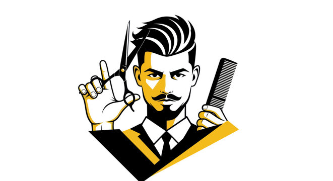 Stylized barber portrait holding scissors and comb on white background