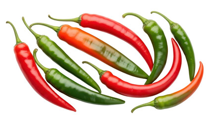 Overhead view of ten vibrant red and green chili peppers arranged in an oval shape, showcasing their glossy skin and slender forms, isolated. isolated PNG with Transparent Background