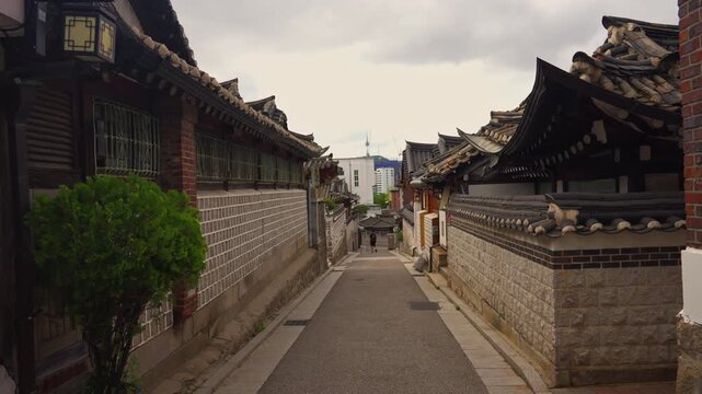 Authentic Hanok Village Scene in Seoul South Korea Ground View