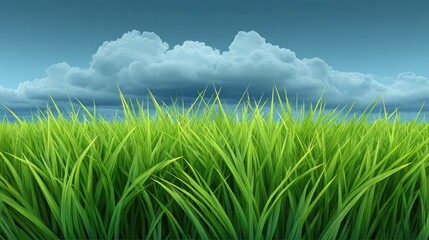Fototapeta premium Lush Green Grass under Dramatic Cloudy Sky, Perfect for Nature and Outdoor Themes with Vibrant Colors and Depth