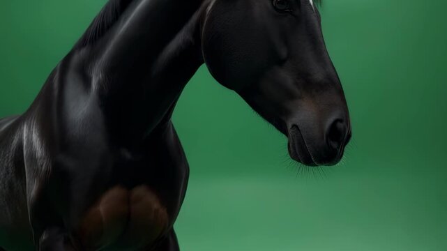 Majestic Black Stallion Standing and Lifting Front Leg on Green Screen Background, Confident Horse Posture, Side View, 16:9 Aspect Ratio, 4K Resolution, Ideal for VFX and Compositing Projects