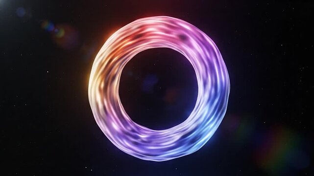 A vibrant, glowing abstract torus shape floats gracefully in the dark expanse