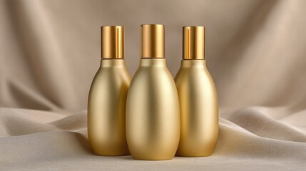 Naklejka premium Elegant golden cosmetic bottles displayed on soft beige textile background, perfect for beauty and skincare product advertisements or packaging designs