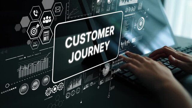 Engaging Visual of a Digital Customer Journey with Interactive Charts and Data Analysis on a Computer Screen. Asymptotic smart data analytic.