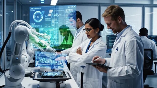Scientists in a Laboratory Analyzing Data with Futuristic Robotic Arm Technology
