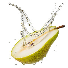A halved pear with water splashing on it against a black background