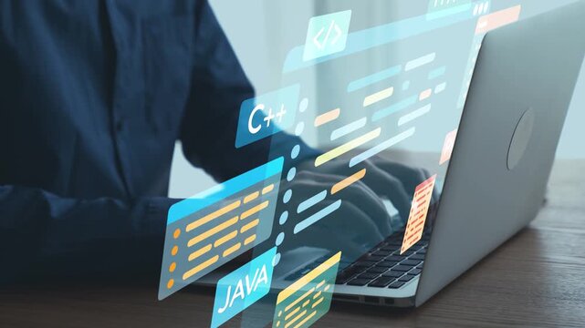 Creative programming concepts with code snippets and a laptop screen showcasing modern coding languages such as Java and C for software development projects. Qubit.