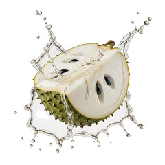 A halved durian fruit with water splashing around it on a black background
