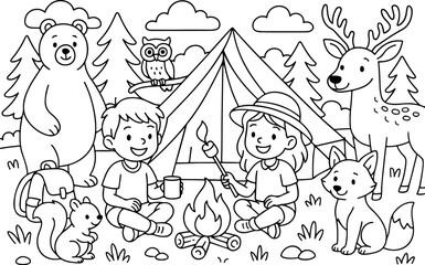 Fototapeta premium Detailed Camping hand drawn vector illustration doodle art line art coloring page for kids