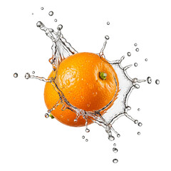 Two oranges surrounded by splashing water droplets on a black background