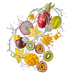 A vibrant arrangement of exotic fruits and water splashes against a black background