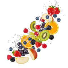 A colorful assortment of fresh fruits suspended in mid-air with water splashes against a black background