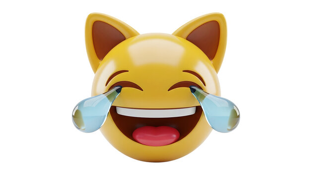 Laughing cat emoji with tears of joy on transparent background