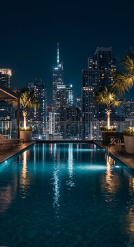 Luxury Rooftop Infinity Pool at Night with Downtown Dubai Skyline View