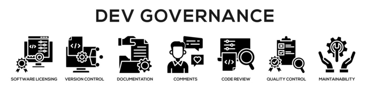 Glyph - Dev Governance web banner icon vector illustration concept for business with icon of Software Licensing, Version Control, documentation, comments, Code Review, Quality Control,.