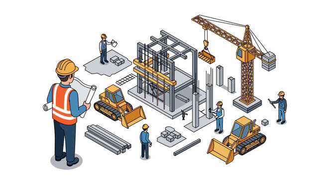 Construction Site Workers Building Structure.