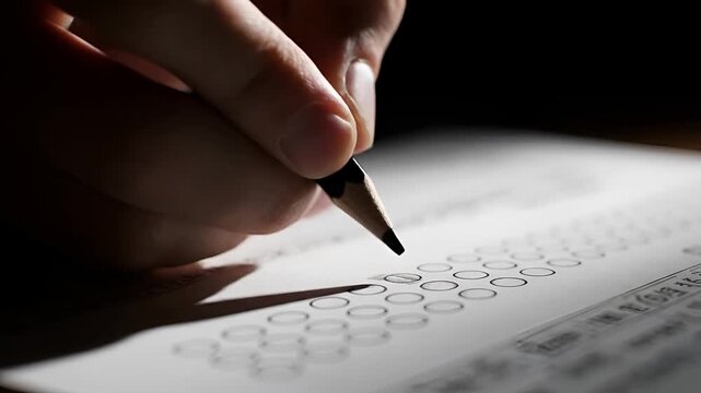 A student's hand holding a pencil to answer academic questions, experiencing stress during an examination