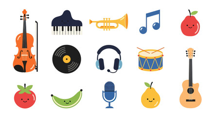 Cartoon musical instruments and fruits © Darwaty