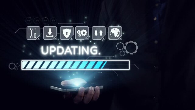 A modern user holding a smartphone with a glowing digital interface displaying an update process. The image captures innovation and technology in a user-friendly context. Qubit
