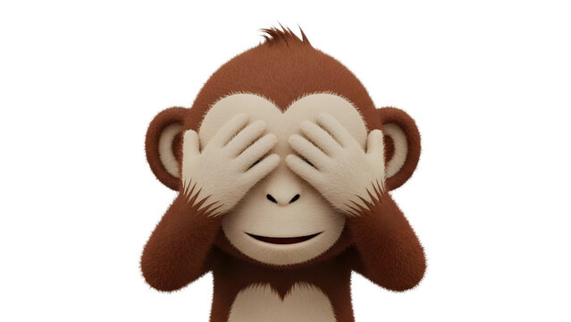 A cute monkey covering its eyes with hands on transparent background