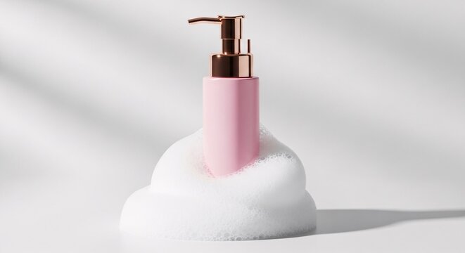 Pink cosmetic pump bottle standing in a pile of white fluffy soap foam against a clean white background with soft minimalist shadows.