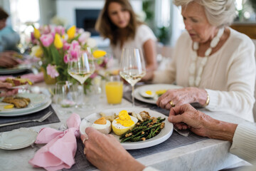 Naklejka premium A beautifully arranged brunch featuring spring dishes, showcasing elegance, culinary art, and the joy of sharing meals with loved ones during celebration.