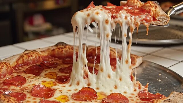 Delicious pepperoni pizza slice with stretchy melted cheese, a mouth-watering close-up shot perfect for food blogs and advertisements