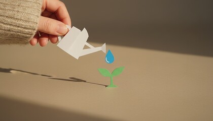 sustainability, growth, water day, concept, conceptual, ecology, hand holding paper watering can pouring a drop on a green seedling for environmental care and future investment.