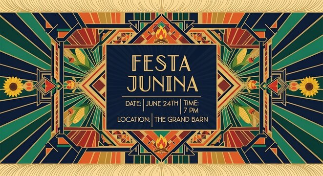 A vibrant invitation to Festa Junina with colorful geometric patterns and sunflowers