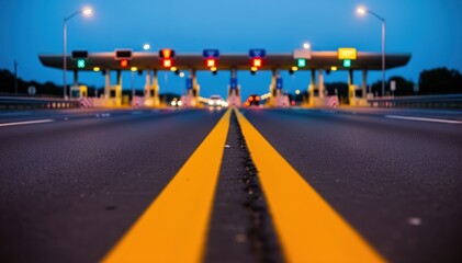 Highway Toll Plaza at Dusk: Capture the essence of modern transportation with this image of a highway toll plaza bathed in the soft glow of dusk.