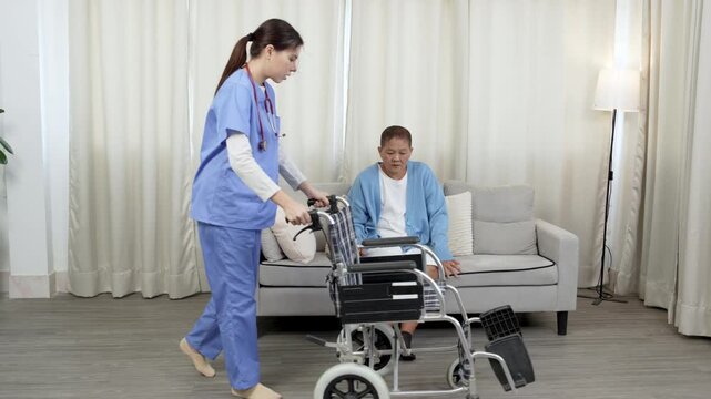 Female caregiver, aged care support helping mature women patient to recover injured leg, physiotherapy, take wheelchair for patient.
