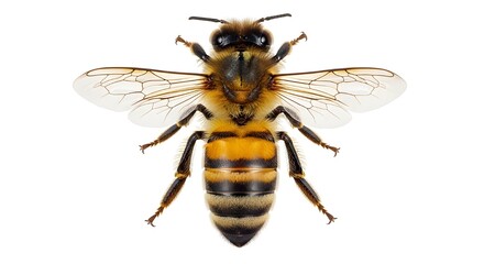 Close-up of a honeybee with transparent wings on white background