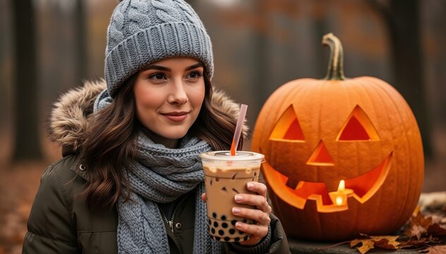 Autumn Serenity: A woman in a cozy outfit enjoys a boba tea next to a carved pumpkin, capturing the spirit of fall and the warmth of the season.