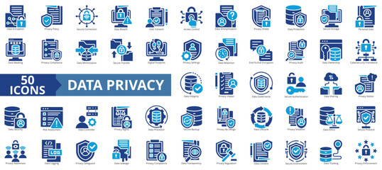 data privacy icon set flat style illustration. containing encryption, privacy policy, secure connection, breach, user consent, access control, anonymization, protection, secure storage, security © Uniconlabs