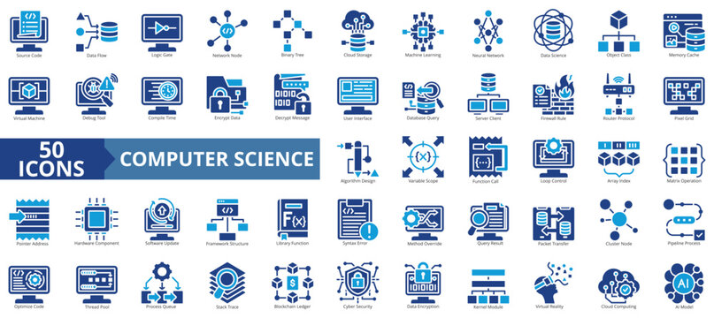 computer science icon set flat style illustration. containing source code,data flow,logic gate,network node,binary tree,cloud storage,machine learning,neural network,data science,object class icon