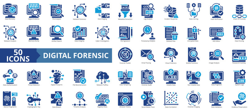 digital forensic icon set flat style illustration. containing data, recovery, evidence, file, analysis, disk imaging, metadata extraction, log, incident response, investigation, audit, malware