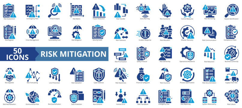 risk mitigation icon set flat style illustration. containing assessment, contingency plan, threat analysis, matrix, impact reduction, early warning, avoidance, crisis management