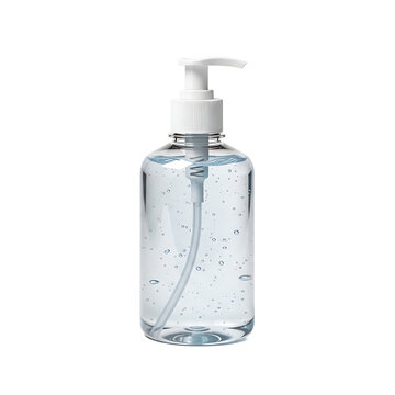 A clear plastic bottle of hand sanitizer on transparent background