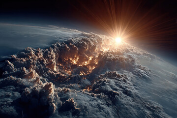 Fototapeta premium A dramatic space landscape featuring a view of a planet's surface from space during a powerful atmospheric phenomenon or catastrophic event. 