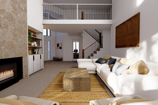 Modern luxury living room interior with stone fireplace, mezzanine floor, and sunlight, 3D render