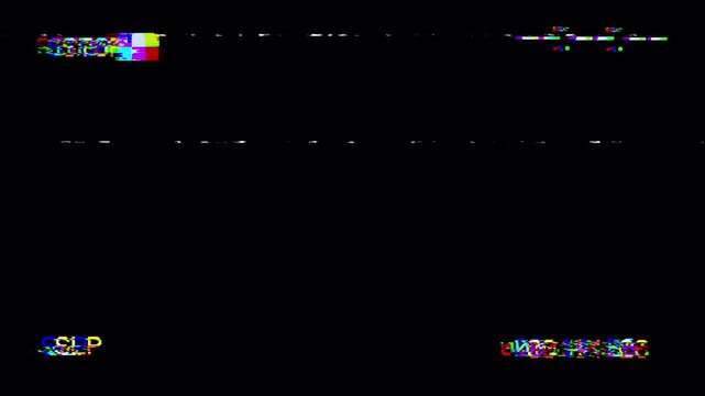 VHS Stop Tape Glitch Effect on Black Background with Retro Timecode and Static Distortion 4k video animation seamless loop