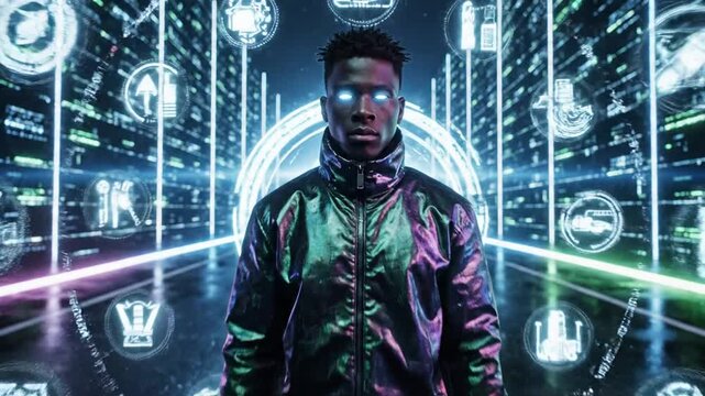 Futuristic Cyberpunk Portrait: A Cyber-Enhanced Individual in a Digital Cityscape