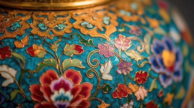 cloisonne. Extreme close-up of a cloisonne vase with vibrant floral patterns. event programs, museum guides, designed for cultural heritage projects and event programs, elevates cultural identity.