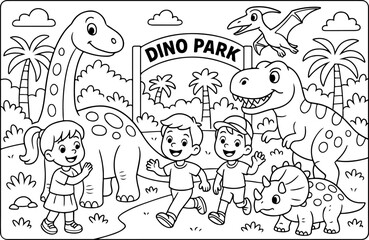 Fototapeta premium Dinosaurs Park hand drawn vector illustration doodle art line art coloring page for kids