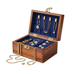 A luxurious wooden jewelry box with gold and diamond accessories on transparent background