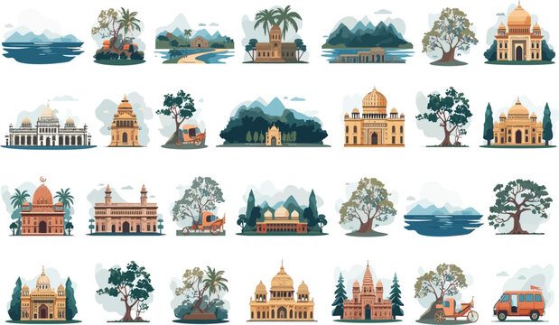Cartoon style vector illustration set of city landmarks and monuments with houses trees and playful town elements in a seamless pattern design resembling Indian architecture and historical places