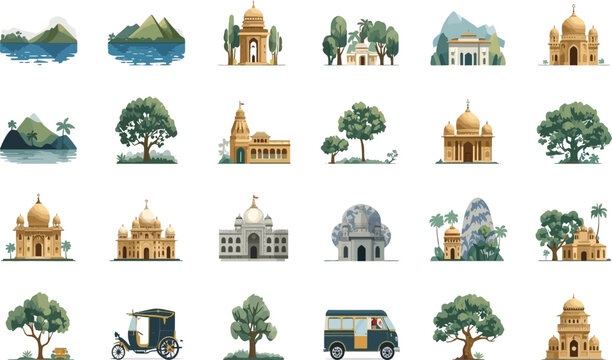 Cartoon style vector illustration set of city landmarks and monuments with houses trees and playful town elements in a seamless pattern design resembling Indian architecture and historical places